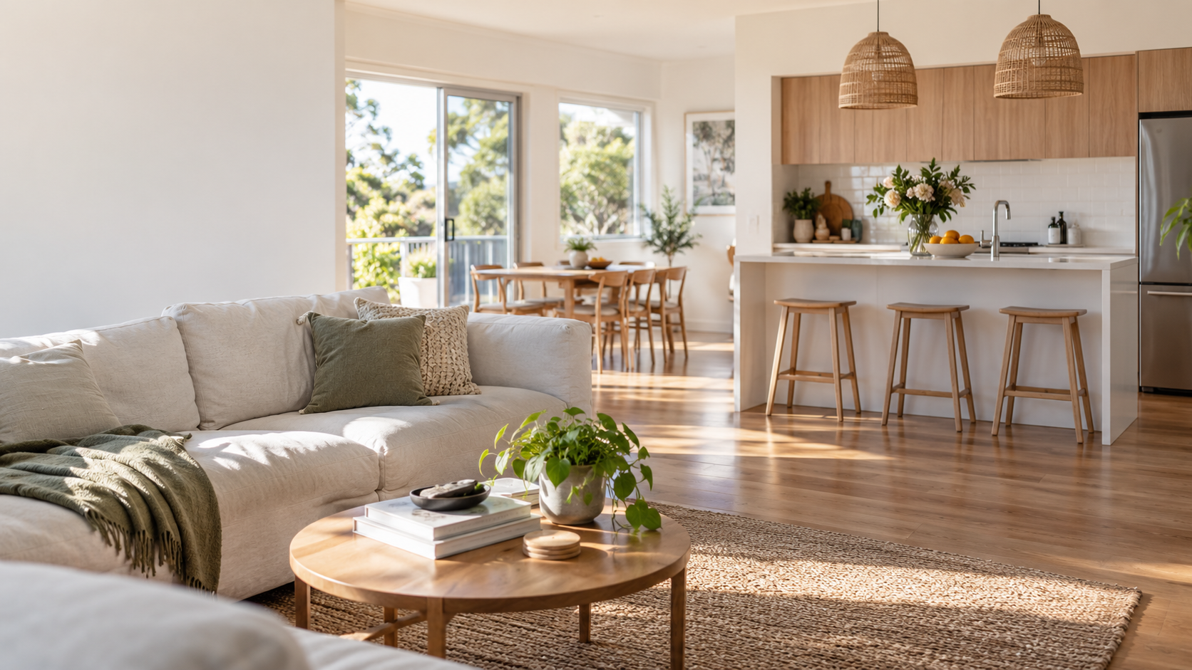 Sunlit, freshly cleaned home with a vase of flowers